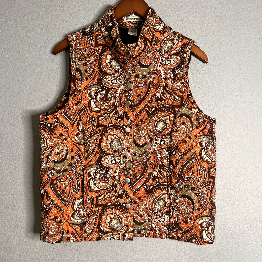 Rebecca Malone Women Sm Quilted Vest Jacket Orange Paisley Snap Front Grannycore
